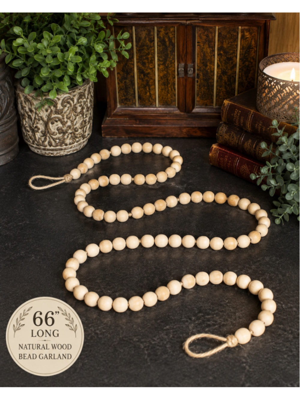 Handmade Natural Wood Bead Garland 66" Long Farmhouse Boho Decor with Jute Loops